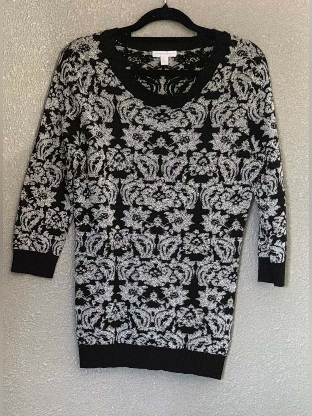 New York & Company Black and White Damask Crewneck Sweater